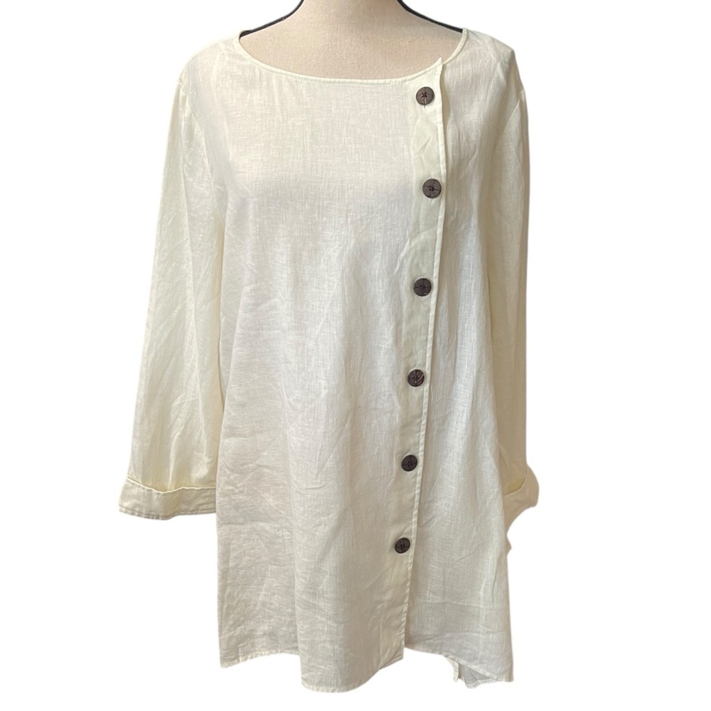 Jones‎ New York 100% Linen Asymmetrical Button Down Artsy Casual Summer Tunic L